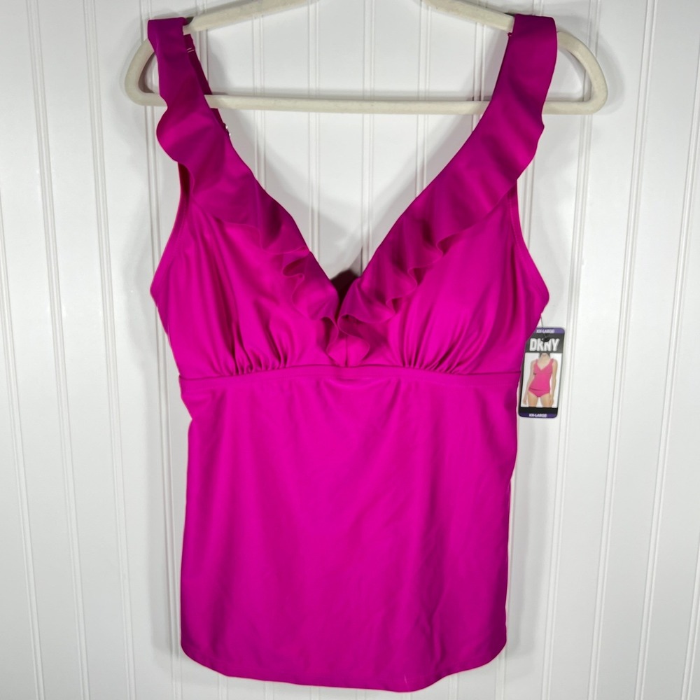 DKNY Tankini Top XXL Pink Ruffle V-Neck Adjustable Strap NWT READ!